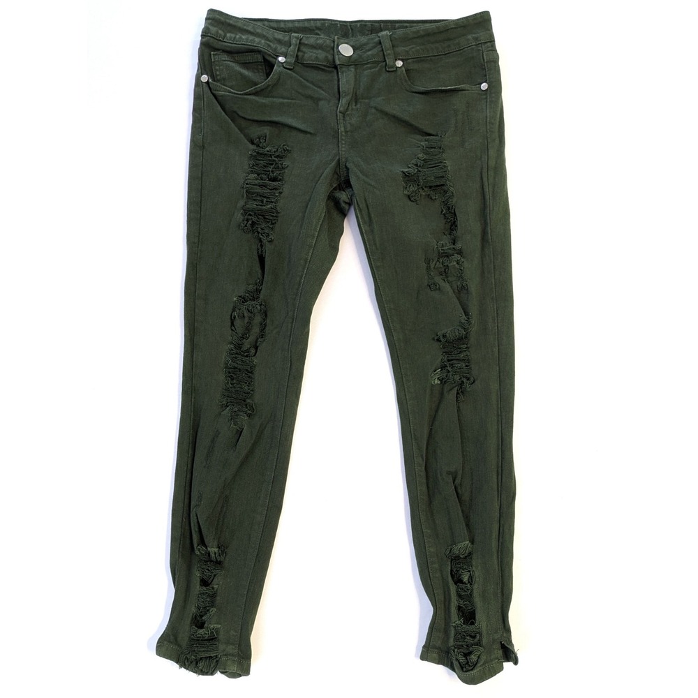 V.I.P. Jeans Womens 7/8 Dark Olive Green Distressed Skinny Shredded Denim Pants